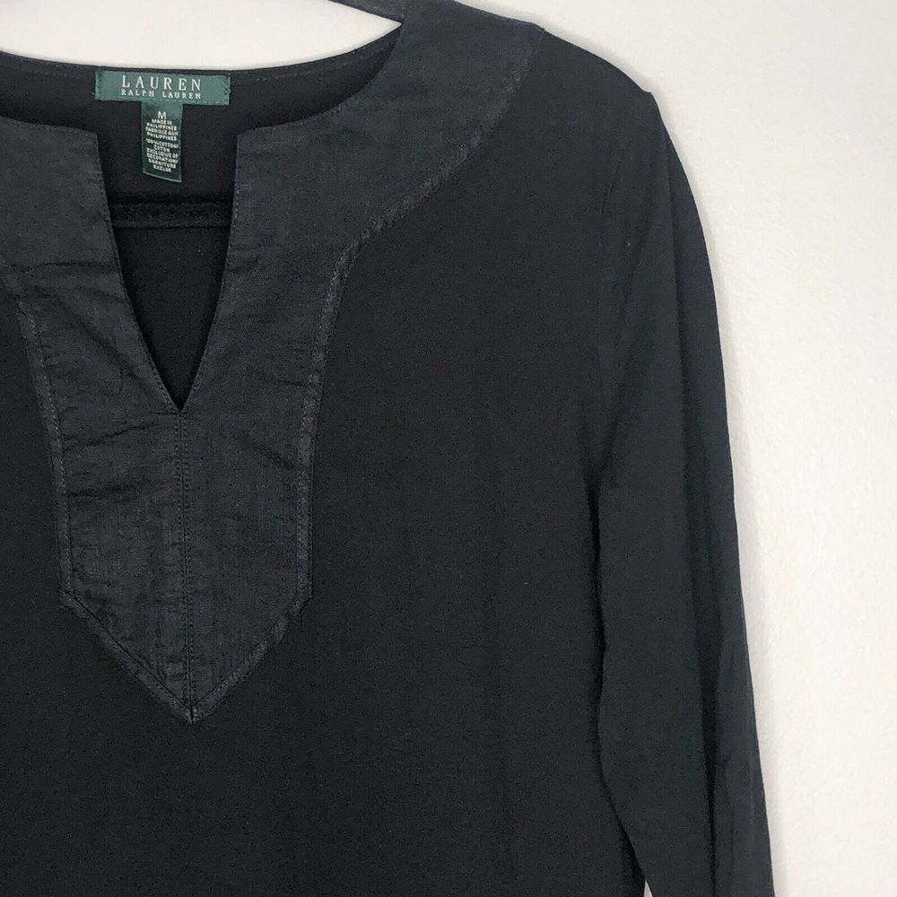 Lauren Ralph‎ Lauren Women's Medium Black V Neck 3/4 Sleeve Pullover Tunic Top